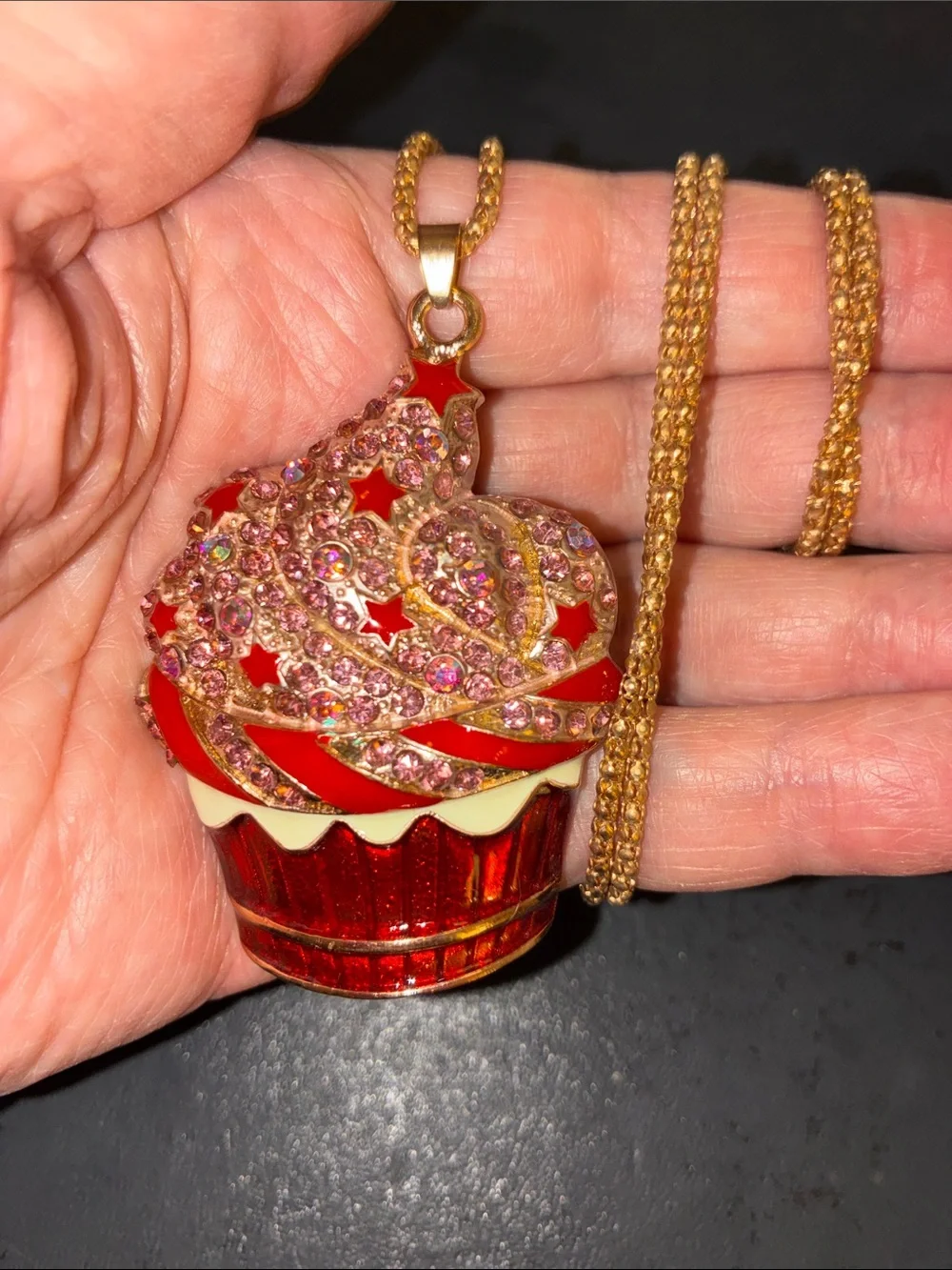 Red Cupcake Pendant Necklace with Pink Crystal Frosting